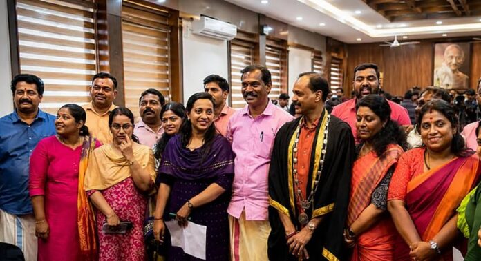 വീണ്ടും സത്യപ്രതിജ്ഞ ചെയ്ത് തിരുവനന്തപുരം കോര്പറേഷനിലെ 19 ബിജെപി കൗണ്സിലര്മാര് വീണ്ടും സത്യപ്രതിജ്ഞ ചെയ്ത് തിരുവനന്തപുരം കോര്പറേഷനിലെ 19 ബിജെപി കൗണ്സിലര്മാര്