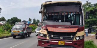 ഒല്ലൂരിൽ നിയന്ത്രണം നഷ്ടപ്പെട്ട ബസ് ലോറിക്ക് പിന്നിൽ ഇടിച്ച് അപകടം