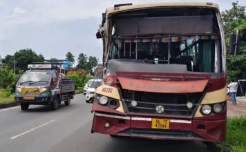 ഒല്ലൂരിൽ നിയന്ത്രണം നഷ്ടപ്പെട്ട ബസ് ലോറിക്ക് പിന്നിൽ ഇടിച്ച് അപകടം