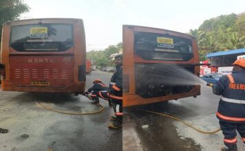 ഓടിക്കൊണ്ടിരുന്ന കെ.എസ്.ആർ.ടി.സി. ബസ്സിന് തീപിടിച്ചു