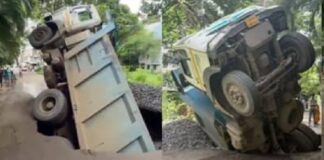 റോഡിലെ ഗട്ടറുകൾ അടക്കാൻ ഗ്രാവലുമായി എത്തിയ ടിപ്പർ റോഡിലെ വലിയ ഗർത്തത്തിലേക്ക് വീണു
