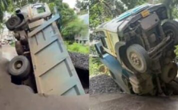 റോഡിലെ ഗട്ടറുകൾ അടക്കാൻ ഗ്രാവലുമായി എത്തിയ ടിപ്പർ റോഡിലെ വലിയ ഗർത്തത്തിലേക്ക് വീണു