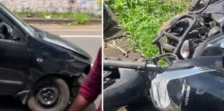 കോന്നി ചിറ്റൂര് മുക്കില് കാറും ബൈക്കും കൂട്ടിയിടിച്ചു