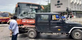 തിരുവനന്തപുരത്തേക്ക് പോകുകയായിരുന്നു കെഎസ്ആർടിസി ബസ് റെയിൽവേ സ്റ്റേഷനു മുന്നിൽ വെച്ച് ജീപ്പുമായി കൂട്ടിയിടിച്ചു