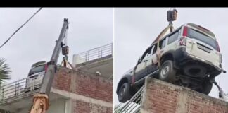കാർ കട്ടുകൊണ്ടുപോകുമോ എന്ന ഭയം ; വീടിന്റെ ടെറസിലേക്ക് ക്രെയ്ൻ വഴി വാഹനം മാറ്റി സ്ഥാപിച്ച് ഉടമയു