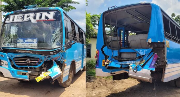 സ്വകാര്യ ബസുകൾ കൂട്ടിയിടിച്ച് അപകടം ; 15ഓളം പേർക്ക് പരിക്ക് സ്വകാര്യ ബസുകൾ കൂട്ടിയിടിച്ച് അപകടം ; 15ഓളം പേർക്ക് പരിക്ക്