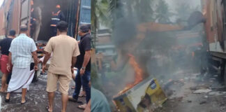 വൈദ്യുതി ലൈനിൽ തട്ടി അപകടം ; കണ്ടെയ്നർ ലോറിക്ക് തീപിടിച്ച് മുപ്പതിലേറെ ഫ്രിഡ്ജുകൾ കത്തിനശിച്ചു
