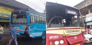 തൃശൂർ–കുറ്റിപ്പുറം സംസ്ഥാനപാതയിൽ സ്വകാര്യ ബസും കെഎസ്ആർടിസി ബസും കൂട്ടിയിടിച്ച് അപകടം