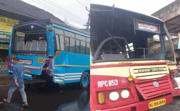തൃശൂർ–കുറ്റിപ്പുറം സംസ്ഥാനപാതയിൽ സ്വകാര്യ ബസും കെഎസ്ആർടിസി ബസും കൂട്ടിയിടിച്ച് അപകടം