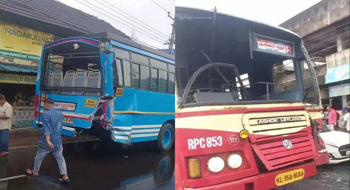 തൃശൂർ–കുറ്റിപ്പുറം സംസ്ഥാനപാതയിൽ സ്വകാര്യ ബസും കെഎസ്ആർടിസി ബസും കൂട്ടിയിടിച്ച് അപകടം തൃശൂർ–കുറ്റിപ്പുറം സംസ്ഥാനപാതയിൽ സ്വകാര്യ ബസും കെഎസ്ആർടിസി ബസും കൂട്ടിയിടിച്ച് അപകടം